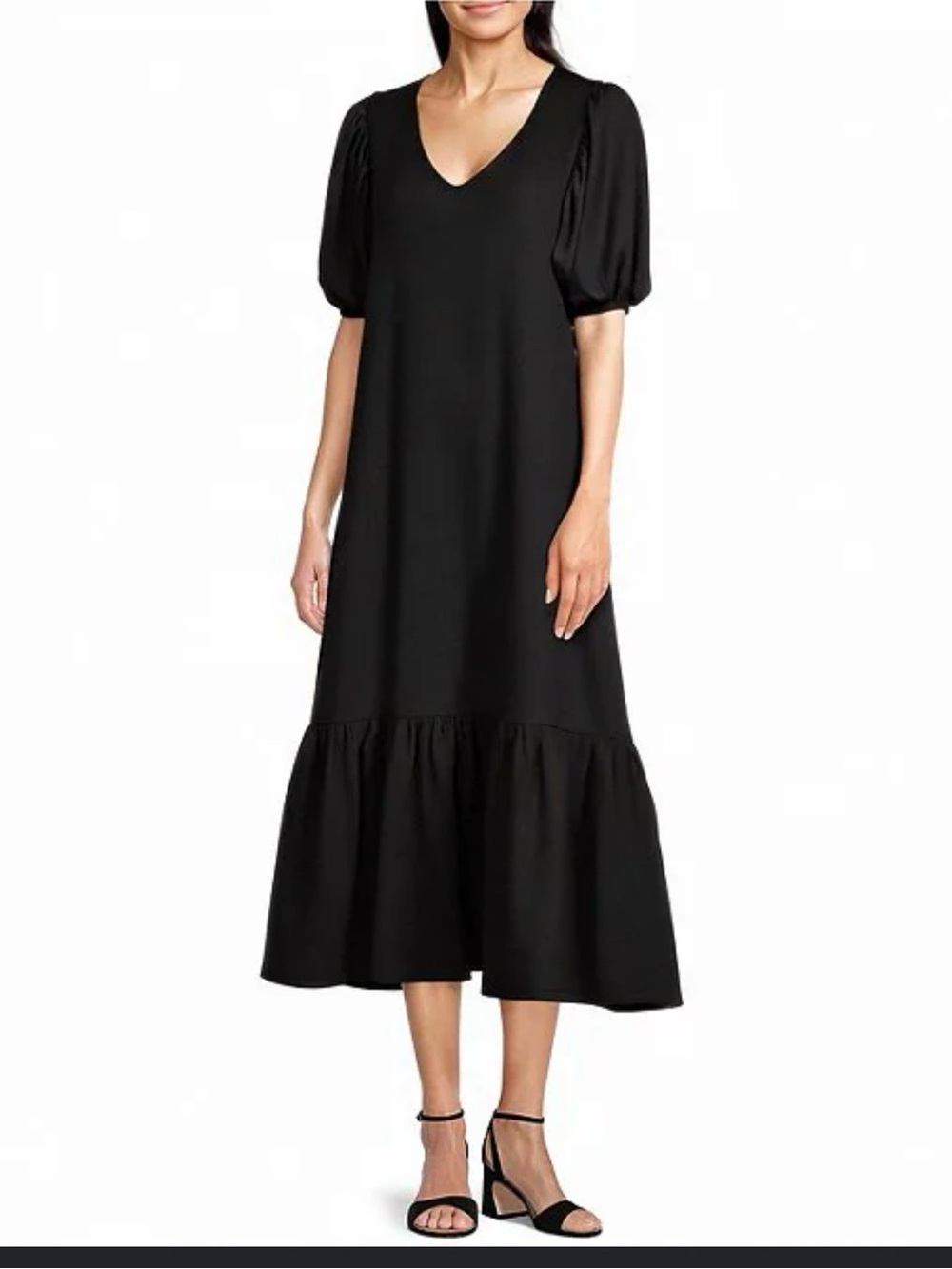 Gibson Latimer Black V-Neck Puff Sleeve Midi Dress